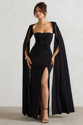 Black Square Neck Twisted Maxi Dress With Cape Sleeves